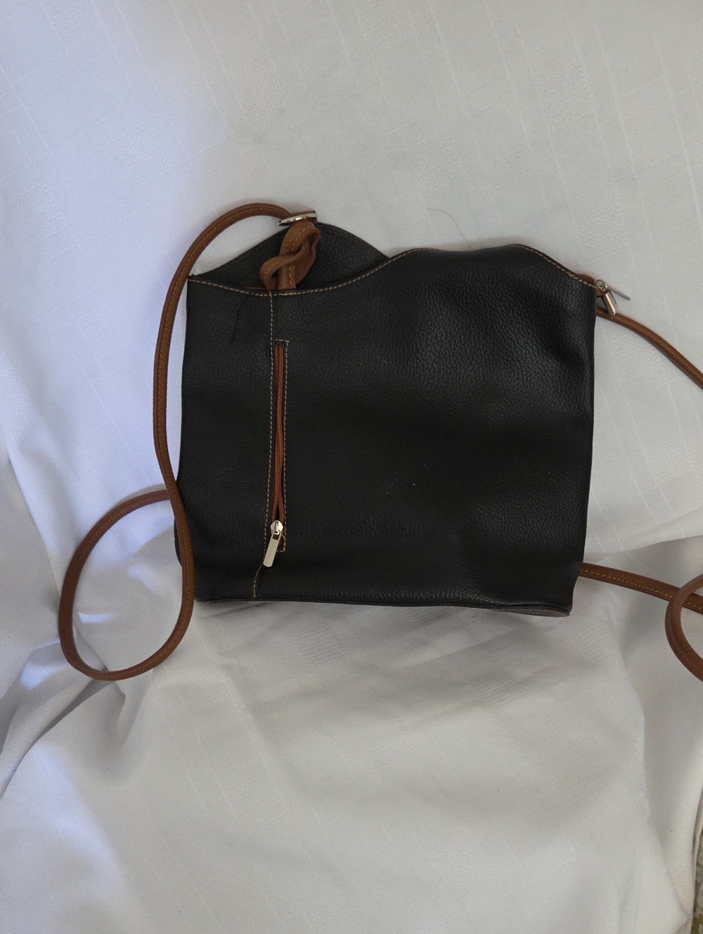 Black Crossbody Bag with Brown Trim - Women's Shoulder Purse